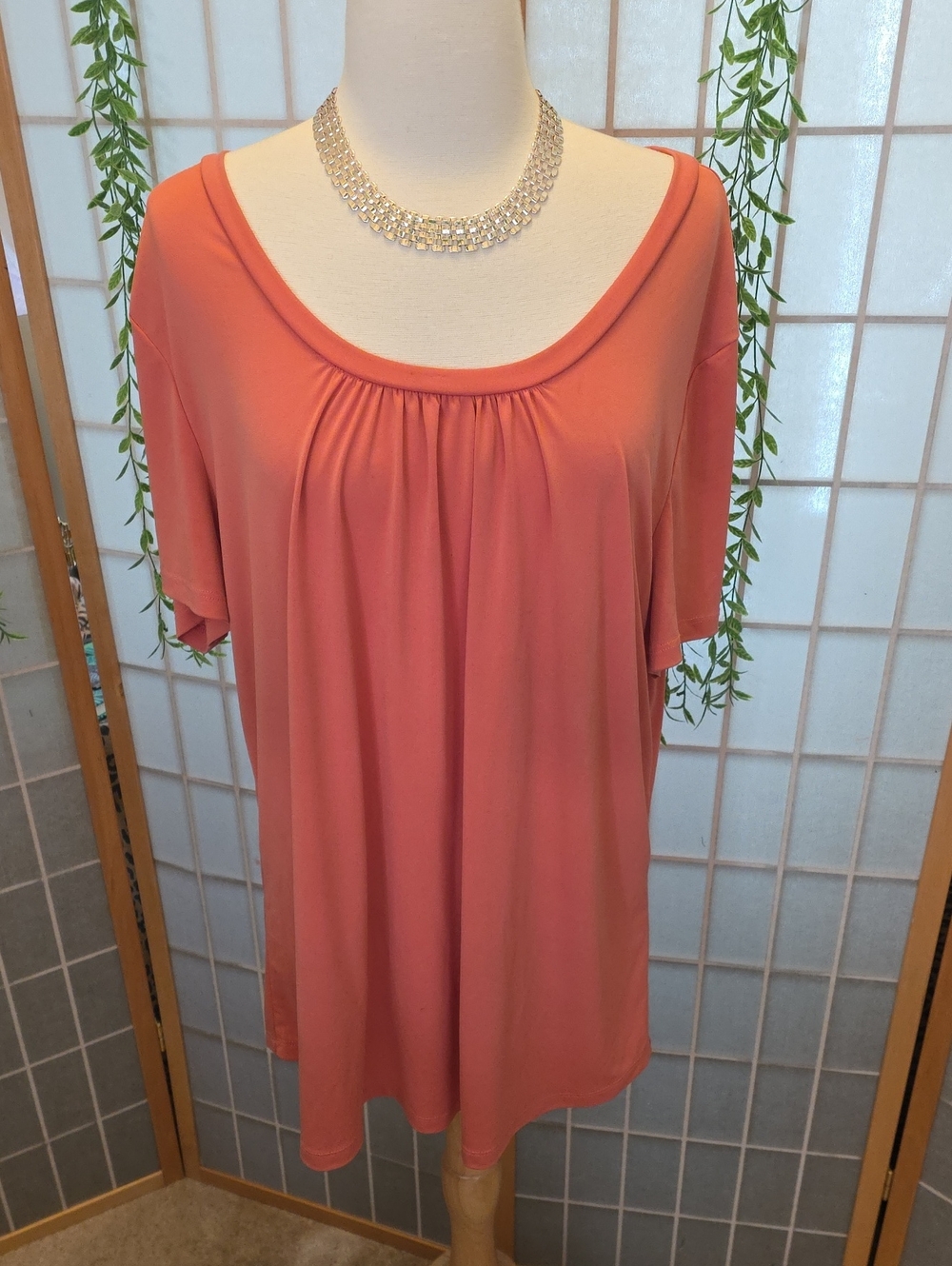 Scoop-Neck Flutter Sleeve Top in Coral